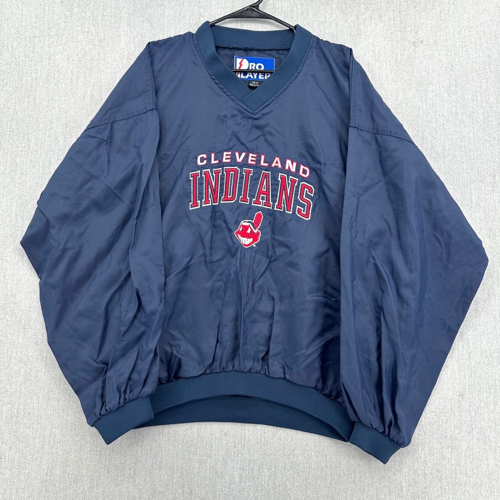 Pro Player Windbreaker Men Medium Blue Cleveland Indians Pullover V-Neck Vintage